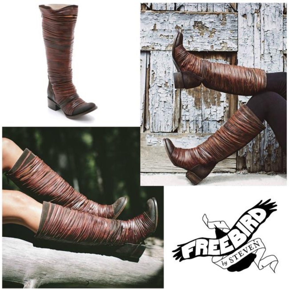 Freebird by Steven ~Rare LOGAN Strappy Leather Tall Boots Brown Sz 7